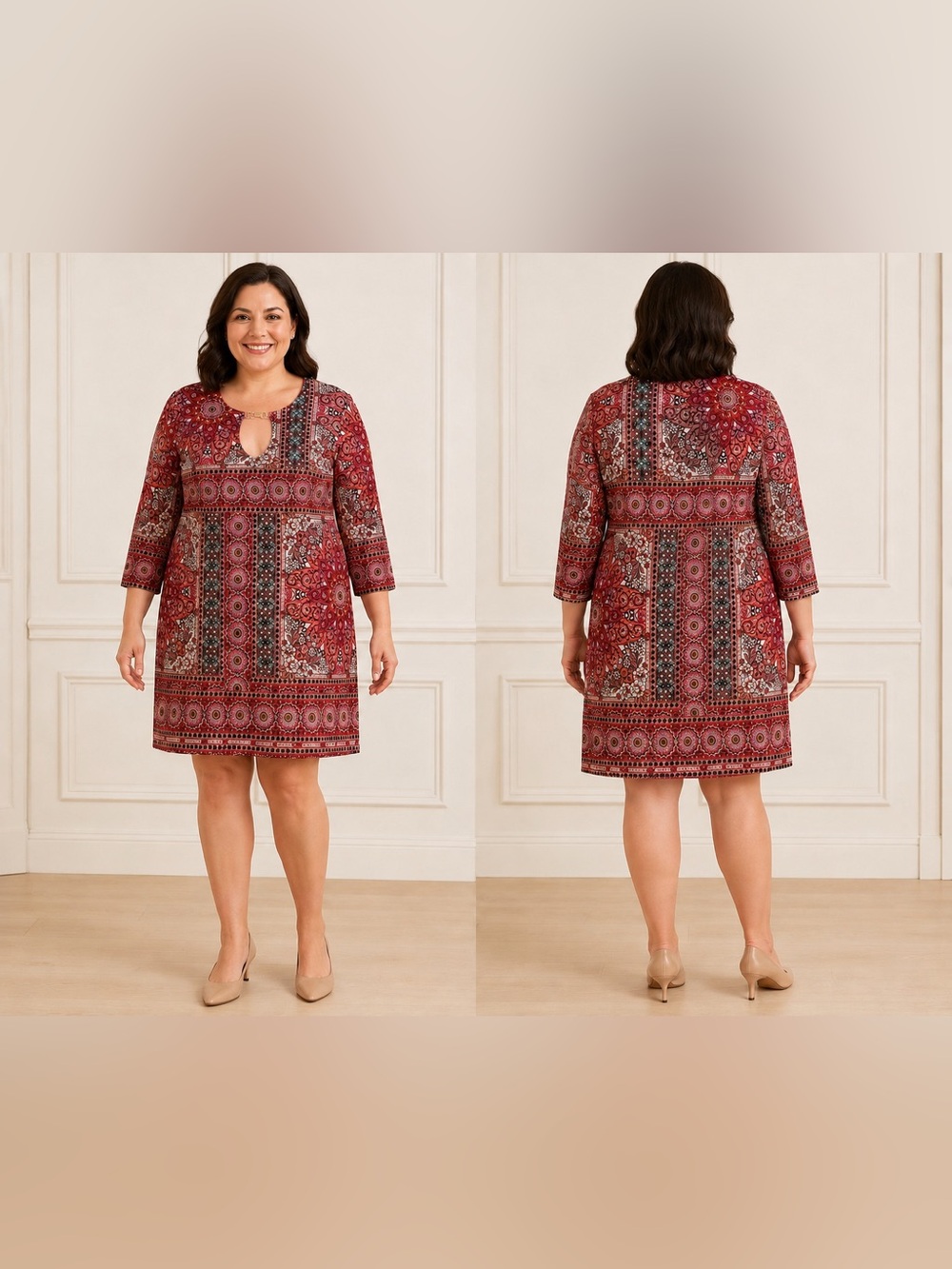Neiman Marcus Red Printed Keyhole Shift Dress/Boho/Medallion Print/Lined/Size 14
